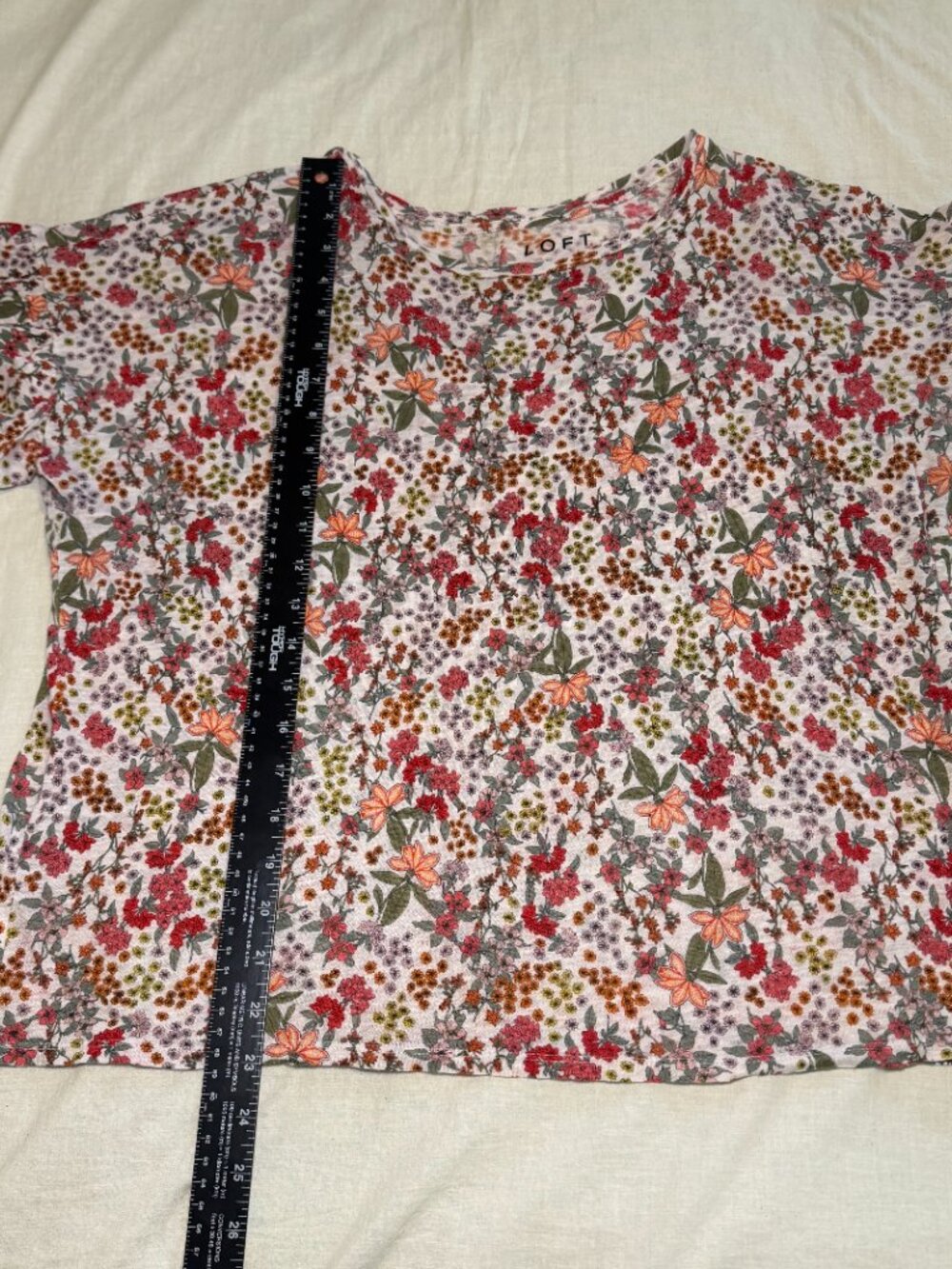 Loft Linen Short Sleeve Blouse Womens L Floral Red Pink Green Orange Flutter EUC - Picture 8 of 8